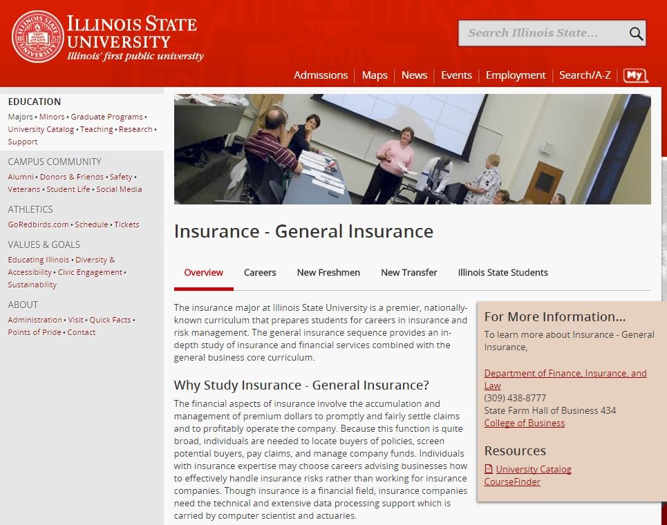 Illinois State University Insurance major website