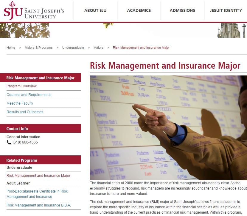 St. Joseph's University Risk Management and Insurance major website