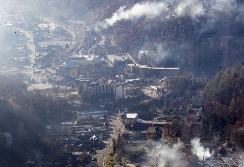 Burned structures are seen from aboard a National Guard helicopter near Gatlinburg, Tenn