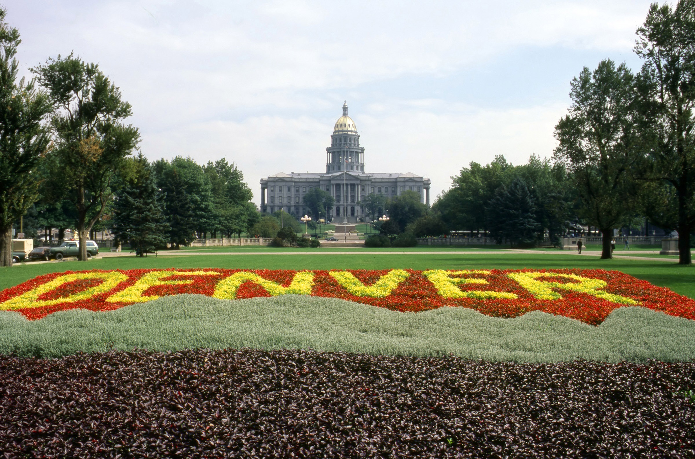 A colorful field of flowers in front of the State Capitol. 