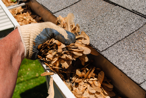 person cleaning leaves out of a gutter