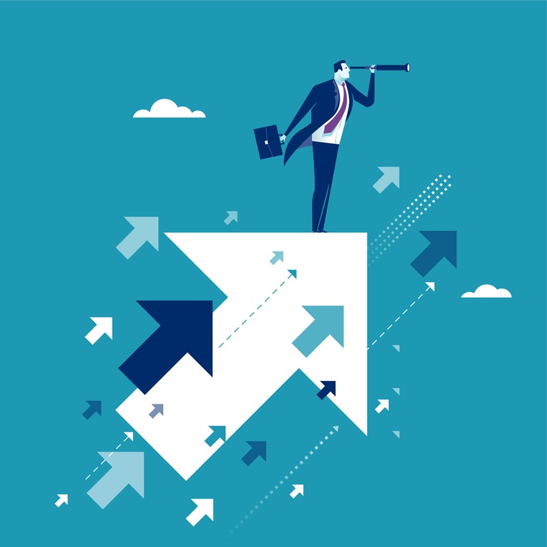 Illustration of man in business suit with telescope standing on up arrows in the sky