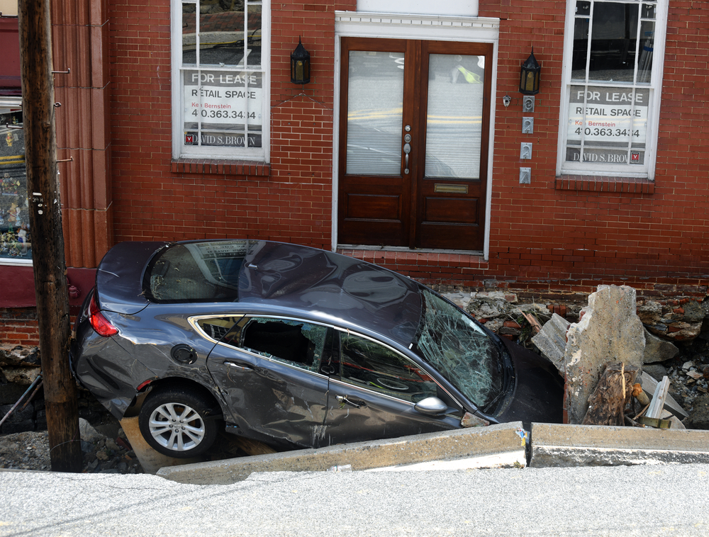 Flood-damaged main street in Ellicott City, MD