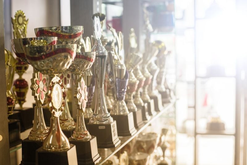 trophies on shelf