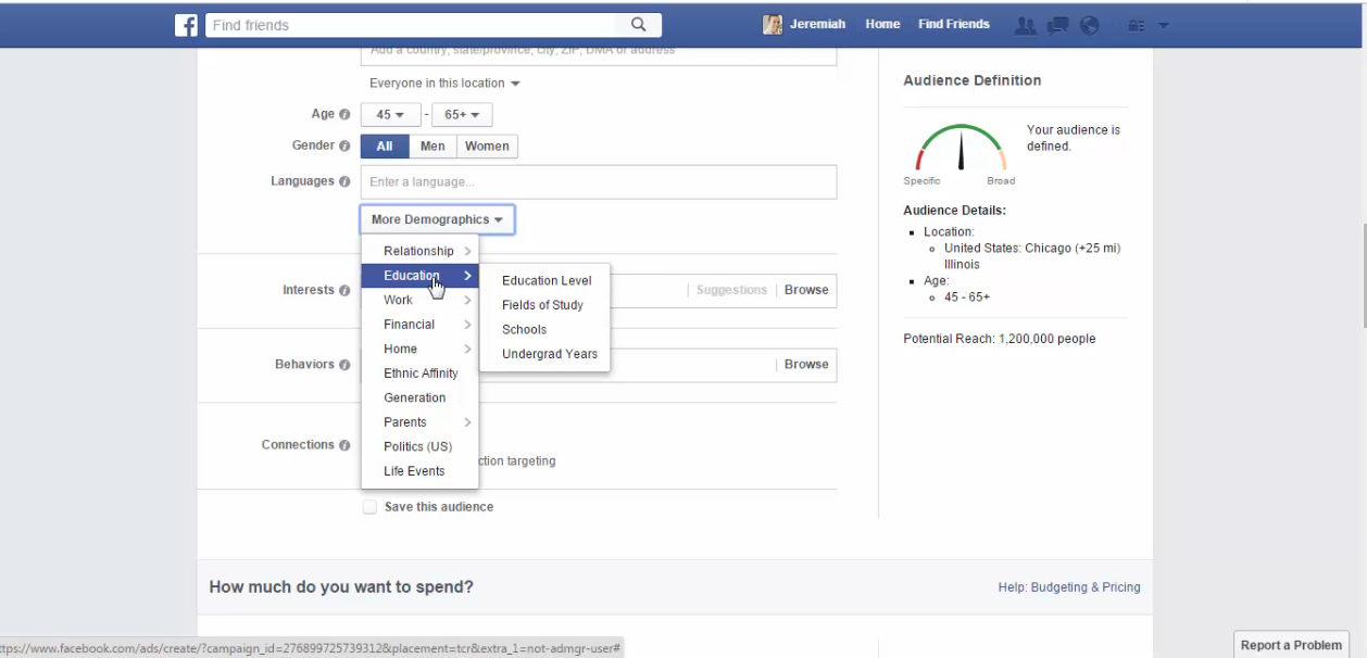 Facebook target by education