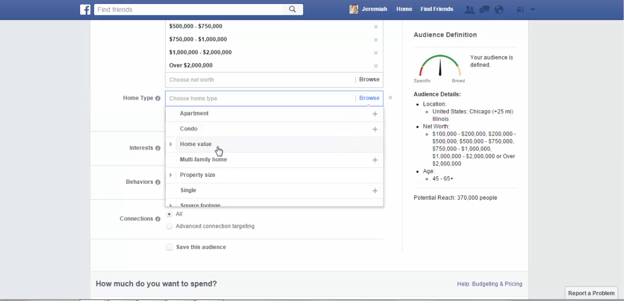 Facebook targert by home value