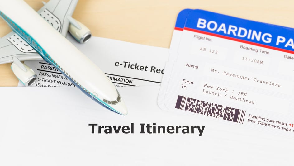 Travel itinerary, boarding pass and model plane