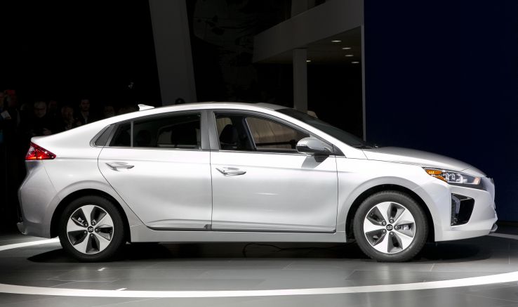 A white 2017 Hyundai Ioniq electric vehicle