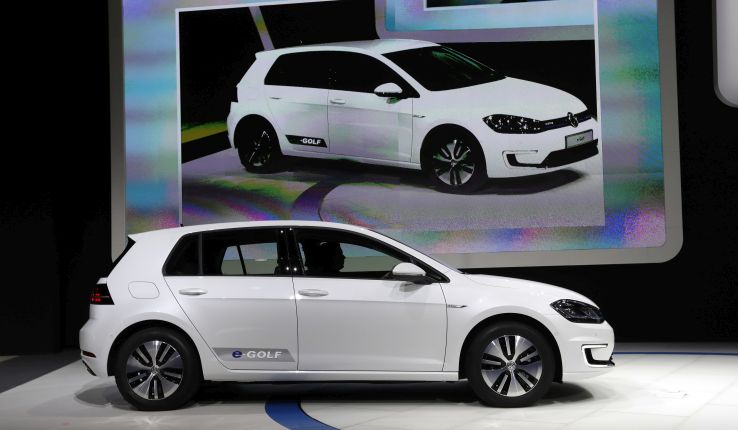 A white 2017 Volkswagen e-Golf electric car