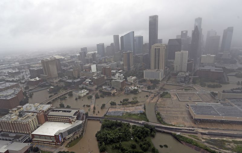 Highways around downtown Houston are empty as floodwaters from Tropical Storm Harvey overflow from the bayous around the city