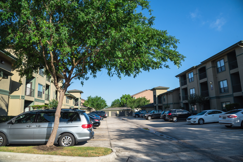 parked cars in an apartment parking lot