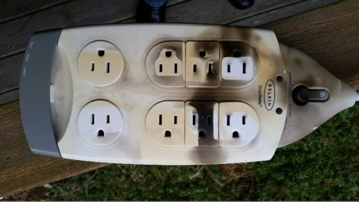 Power strip showing damage from power surge