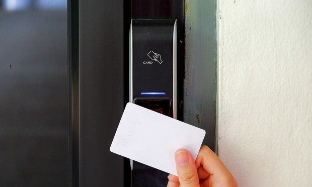 Keycard access on a digital door lock.