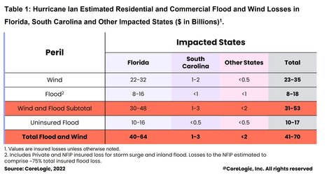Chart breaking out Hurricane Ian damages by wind and storm surge losses. (Credit: CoreLogic)