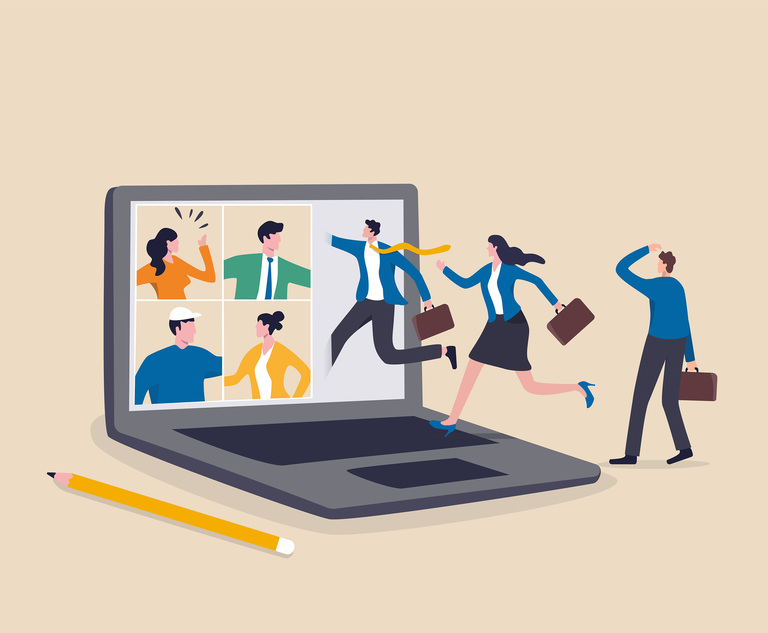 Office people walking in and out of a laptop screen. Credit: Nuthawut/Adobe Stock.