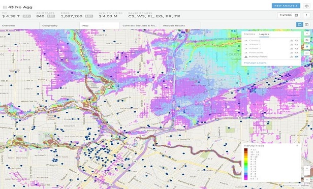 This image shows an accumulation analysis for a hypothetical insurance portfolio in the Houston area. The inundation footprint from Hurricane Harvey generated by the new U.S. Inland Flood Model containing water depths in 14 bands is overlaid on the portfolio. (Image provided by Risk Management Solutions)