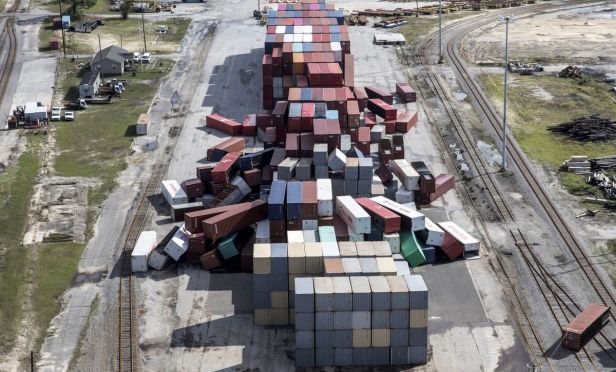 Damaged and fallen shipping containers