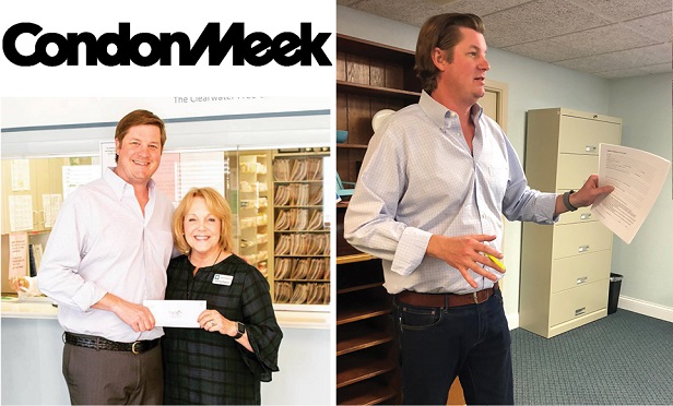 On the left: Condon-Meek makes a charitable donation to the Clearwater Free Clinic. On the right: John H. Meek III is known as “Trace” to his team.