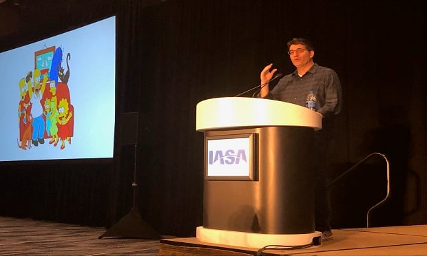 During his IASA 2019 keynote speech, screenwriter Joel Cohen from “The Simpsons” borrowed a famous quote from comedy icon Sid Caesar: “The guy who invented the wheel was smart... The guy who invented the other three was a genius.” (Photo by Elana Ashanti Jefferson)