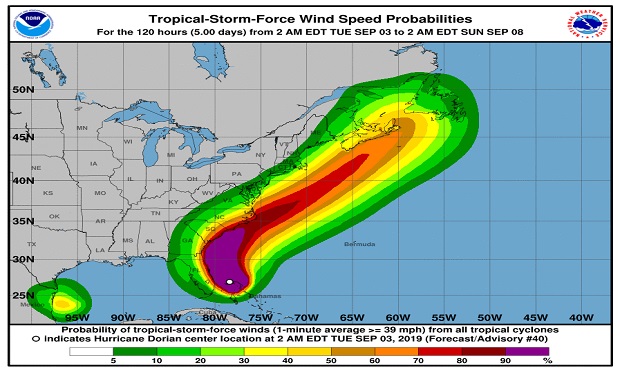 Although Hurricane Dorian winds have weakened somewhat, the storm remains dangerous and has the capacity to inflict significant damage. (Image: National Hurricane Center)