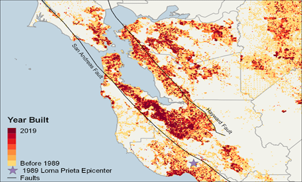 Development in the years following the 1989 Loma Prieta event has concentrated heavily in the area between the San Andreas and Hayward faults. Epicentral location for the Loma Prieta Earthquake shown with the purple star. (Sources: USGS and RMS Exposure Source Database)