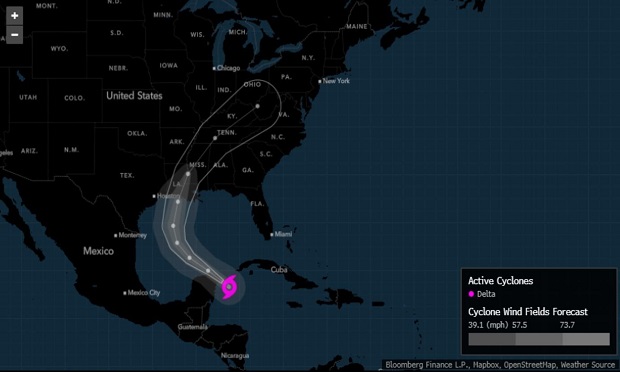 Hurricane Delta came ashore on Mexico's Yucatan Peninsula and is forecast to sweep across the Gulf striking the U.S. Friday, Oct. 9, 2020. (Photo: Bloomberg)
