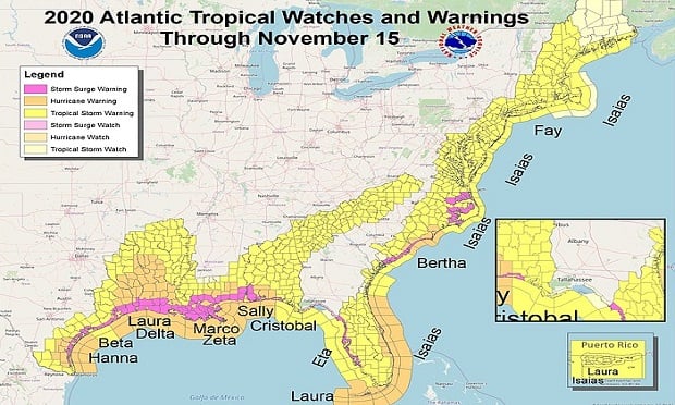 Between May and November 2020, at least some part of the Gulf or Atlantic coastlines were under some sort of tropical weather-related warning. (Image: National Weather Service Corpus Christi via Wikipedia Commons)