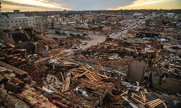 Damaged buildings following the Dec. 11, 2021, tornado in Mayfield, Kentucky. (Credit: Liam Kennedy/Bloomberg).