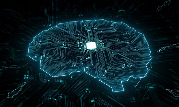 Outline of a brain overlaid on a circuit board.