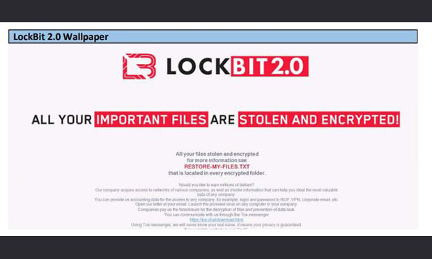 LockBit 2.0 ransomware takeover screen from FBI flash