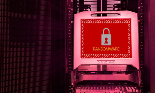 A red screen with a lock symbol and a warning that says "Ransomware."