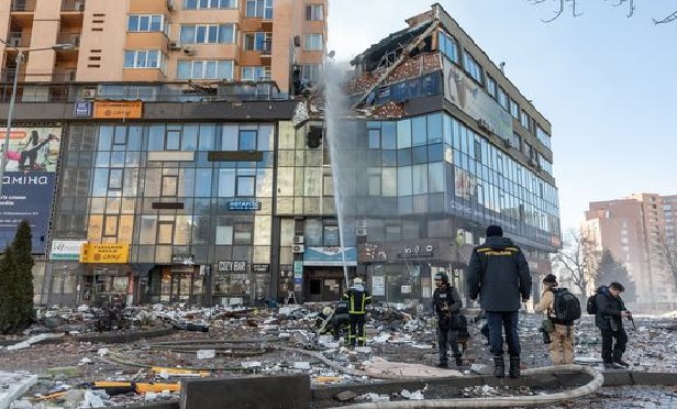 View of a civilian building damaged following a Russian rocket attack the city of Kyiv, Ukraine.