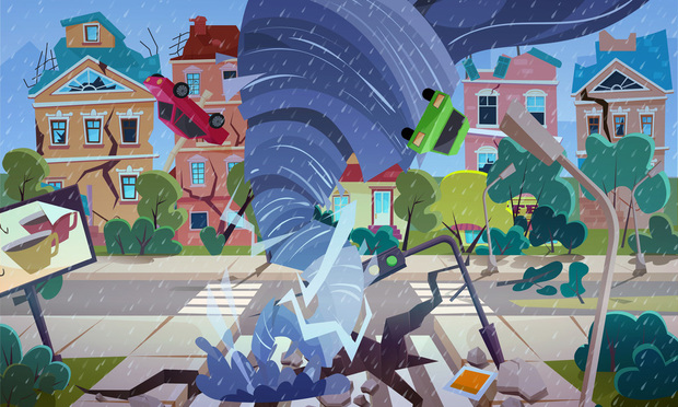 Swirling Tornado in village. Hurricane destroying houses and street. Natural disaster concept cartoon vector Illustration