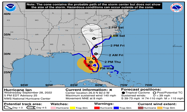 This image shows the National Hurricane Center's 5-day track and intensity forecast cone of Atlantic AL092022 Hurricane Ian. For more information, visit https://www.nhc.noaa.gov/.