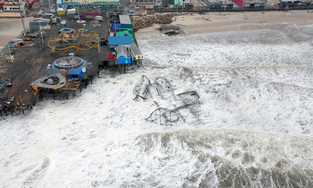 Recent studies indicate that climate change could cause a storm with an increase in wind loss of about 50% and an increase in storm surge loss of about 70% compared to what occurred during Hurricane Sandy. (This image of the New Jersey shore after Hurricane Sandy was captured by U.S. Air Force Master Sgt. Mark C. Olsen.)
