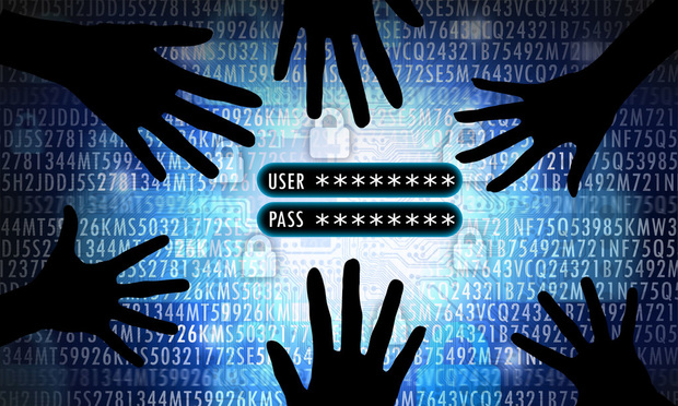 An illustration of six hands reaching toward password and username boxes.