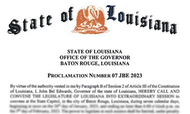 “If a special session could be called and concluded by February 15, the LDI could distribute funds to approved companies in early March. This would give participating insurers a three-month period to access reinsurance for their increased book of policies and start writing new business compared to funding it in the regular session,” Louisiana Insurance Commissioner Jim Donelon wrote in a letter to state lawmakers. (Credit: Louisiana Governor’s Office) 
