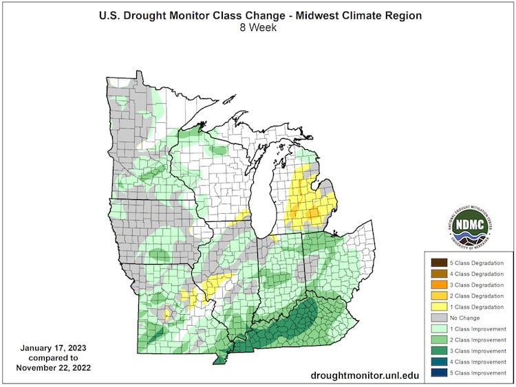 Nearly Half Of Midwest Still Abnormally Dry   Usdm Change 8wk Midwest 1 17 23 