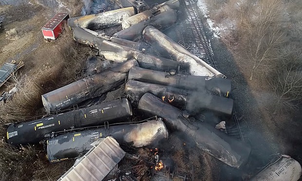 Drone footage shows the freight train derailment in East Palestine, Ohio, U.S., February 6, 2023 in this screengrab obtained from a handout video released by the National Transportation Safety Board. (Wikipedia Commons)