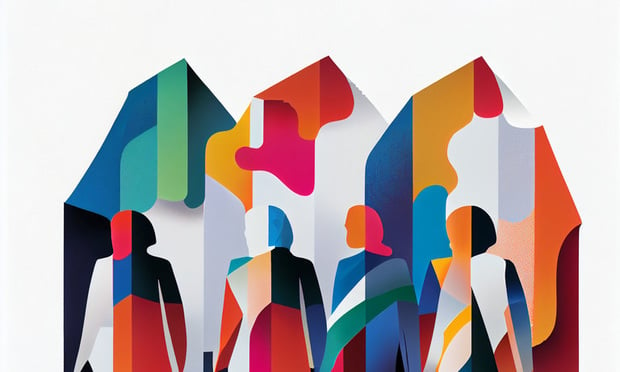 A colorful, abstract illustration of four women standing in a line.