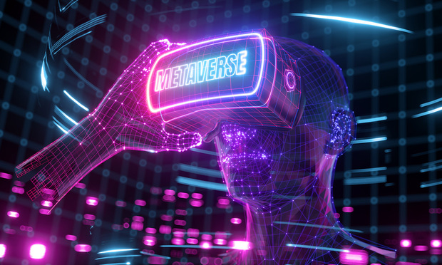 A digital rendering of a person wearing a VR headset that says "Metaverse"