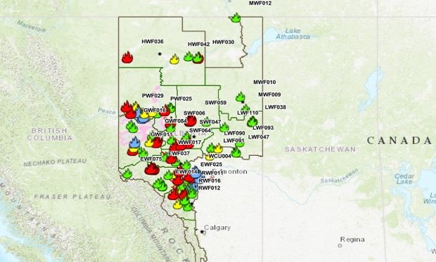 A screenshot of Alberta, Canada's wildfire dashboard from May 8, 2023