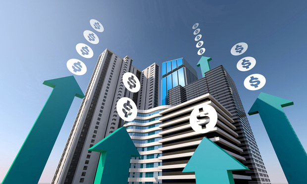 An illustration of a tall office building with illustrated dollar signs and upward-pointing arrows in front of it.