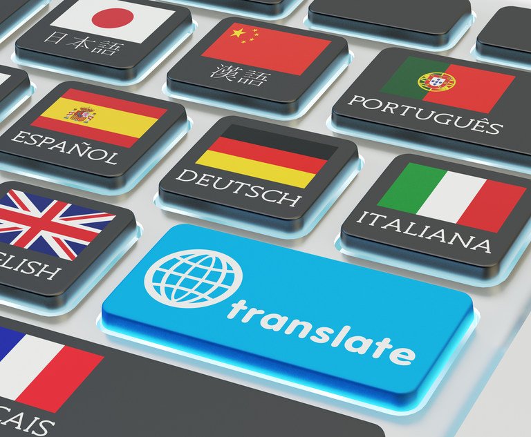 Buttons on a keyboard representing the language of several countries surround a key marked 'translate'