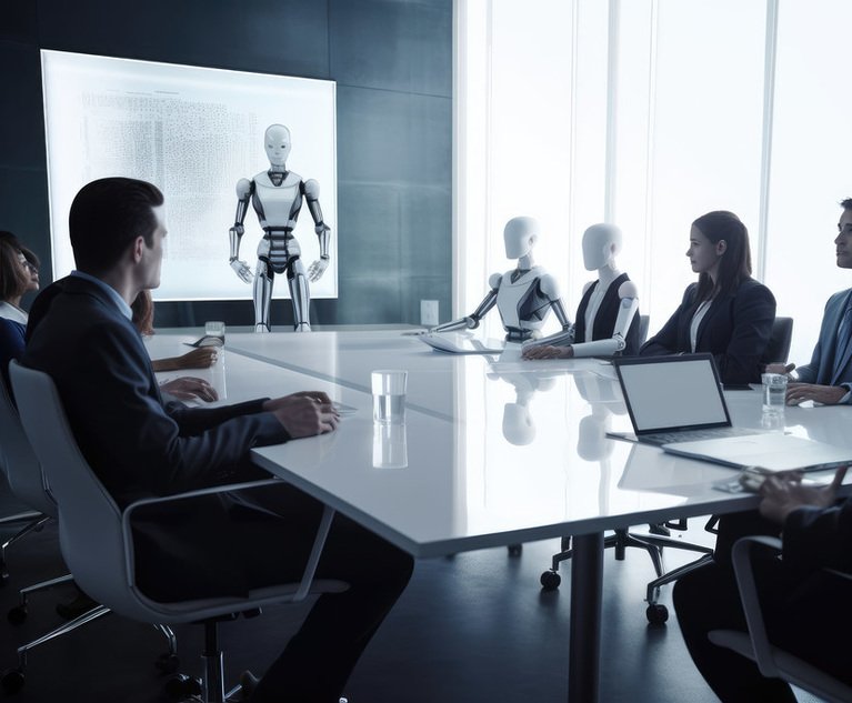 Business people sit in a conference room along with faceless AI robots.
