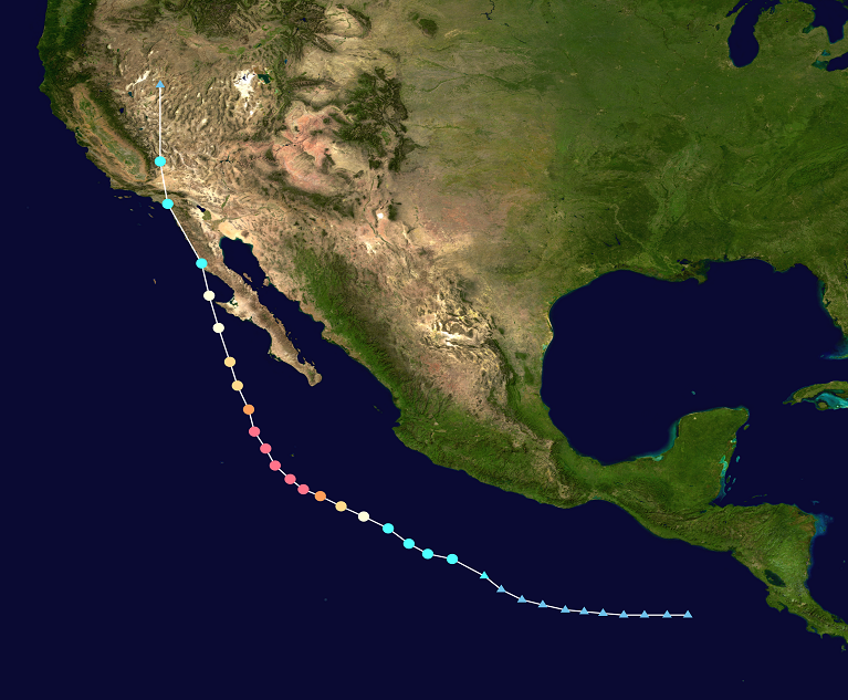 Hurricane Hilary's course over the Pacific is illustrated here using the Saffir–Simpson scale. Although downgraded to a Tropical Storm once it reached Southern California, the event still dumped buckets of rain and caused flash flooding. (Credit Cyclonebiskit/Wikipedia Commons)