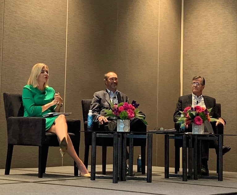 From left to right: RT Specialty Senior Manager Annie Dawson, RSUI Group CEO Phillip McCrorie and Amwins Group President of Worldwide Programs Hank Haldeman discuss the latest on the Conning distribution cost study during a 2023 WSIA Annual Marketplace session, co-hosted by WSIA's U40. (Credit: Jennifer Kastner for PropertyCasualty360.com)