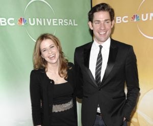 Actress Jenna Fischer, left, and actor John Krasinski arrive at the NBC Universal 2011 Winter Press Tour party in Pasadena, Calif. on Thurs., Jan. 13, 2011. The pair famously portrayed office romantics Jim Halpert and Pamela Morgan Beesly on TV's The Office. (Photo: Dan Steinberg/AP)