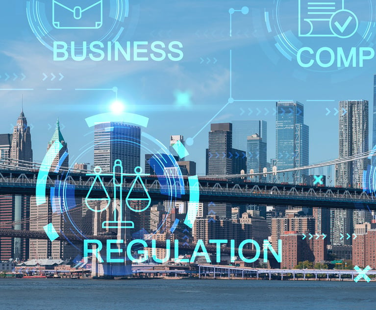 Brooklyn and Manhattan bridges with New York City financial downtown skyline panorama at day time over East River. Glowing hologram legal icons. The concept of law, order, regulations, digital justice
