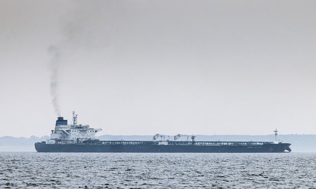 The shadow fleet tanker Turbo Voyager transits through the Great Belt of Denmark off the coast of Agerso, Denmark, in August. (Credit: Carsten Snejbjerg/Bloomberg)